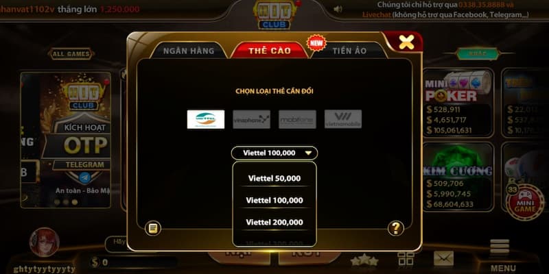 Rút tiền Hitclub bằng thẻ cào điện thoại di động dành cho giao dịch không quá lớn